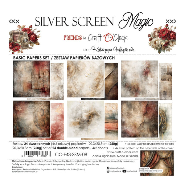 Silver Screen Magic Basic Papers Set by Kateryna Hellekowska, featuring 24 double-sided vintage papers with a floral and distressed design, shown on the product packaging.