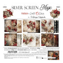Product packaging and contents preview for 'Silver Screen Magic' scrapbooking paper set by 'Friends to Craft with Clock' (Kateryna Kucherenko). The packaging displays a collage of 12 double-sided scrapbooking papers featuring vintage floral designs, sepia textures, and ornate frames, alongside a preview of the extra pattern on the cover.