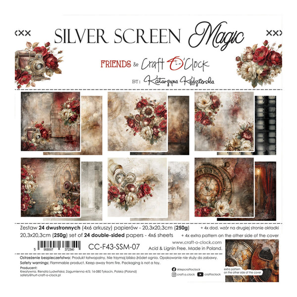 Product packaging and contents preview for 'Silver Screen Magic' scrapbooking paper set by 'Friends to Craft with Clock' (Kateryna Kucherenko). The packaging displays a collage of 12 double-sided scrapbooking papers featuring vintage floral designs, sepia textures, and ornate frames, alongside a preview of the extra pattern on the cover.