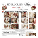 Product packaging for a scrapbooking paper set titled 'Silver Screen Magic' by Friends to Craft by O'Clock. The packaging displays a preview of 24 double-sided papers featuring a vintage, distressed aesthetic with floral and ornate patterns in muted red, brown, and beige tones.