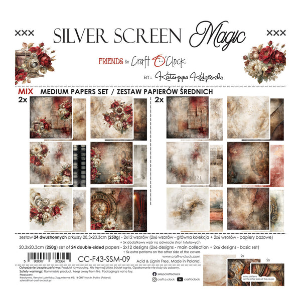 Product packaging for a scrapbooking paper set titled 'Silver Screen Magic' by Friends to Craft by O'Clock. The packaging displays a preview of 24 double-sided papers featuring a vintage, distressed aesthetic with floral and ornate patterns in muted red, brown, and beige tones.