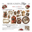 A flat lay of decorative scrapbook/cardmaking paper designs on a white sheet labeled 'SILVER SCREEN Magic' and 'Friends by Craft & Clock'. The sheet includes vintage clocks, gears, popcorn, flowers, and other retro-themed illustrations, with Polish text describing the extras and dimensions.