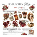 A flat lay of decorative paper cutouts and embellishments from the 'Silver Screen Magic' set by Craft o' Clock, featuring vintage hearts, roses, butterflies, and illustrated hair accessories on a white background with product details printed below.