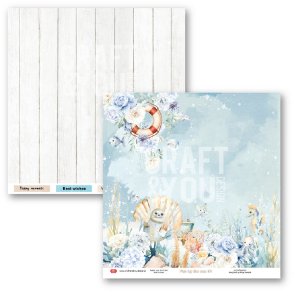Two square craft paper sheets shown on a white background. The left sheet has a white wood plank pattern with small tabs reading 'Happy months' and 'Best wishes'.