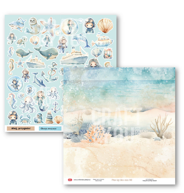Two overlapping sheets of ocean-themed stickers and printed art on a white background. The left sheet shows illustrated sea creatures, ships, shells, and mermaids on a pale blue base; the right sheet shows a watercolor-style underwater scene with sandy seabed, coral, and blue water.