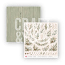 Two square craft paper sheets shown on a white background: one with a muted sage green wood plank pattern and one with a cream background and delicate botanical holiday garland illustrations. Large translucent 'CRAFT' text overlays the left sheet.