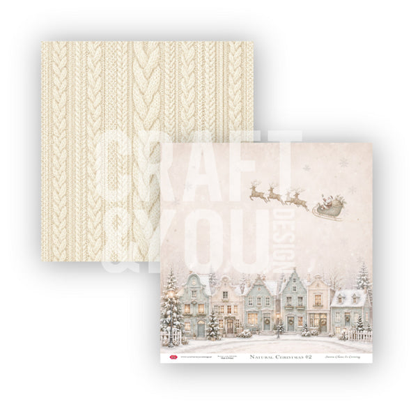 Two square craft paper sheets from Natural Christmas 52 by Crafty You. One sheet features a cream cable-knit pattern, and the other features a vintage winter village scene with Santa Claus in his sleigh above snow-covered houses.