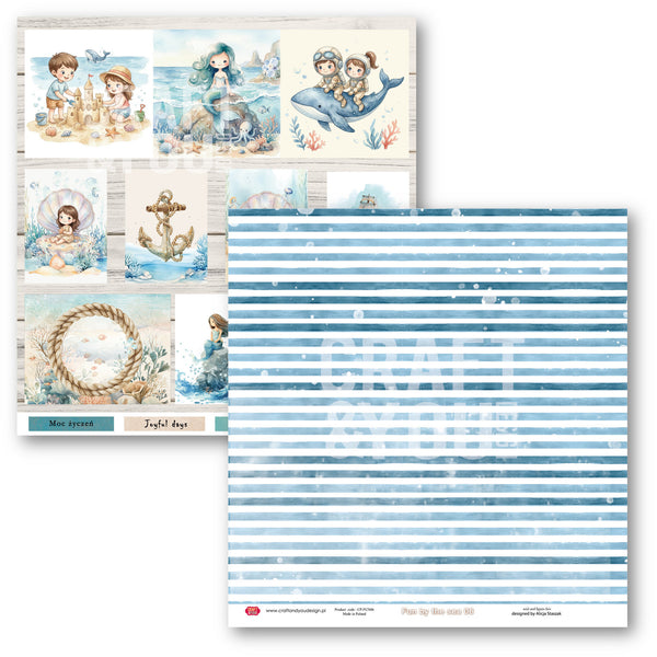 Two sheets of scrapbooking paper with a nautical theme, featuring blue and white stripes on one sheet and a collage of beach and mermaid illustrations on the other.