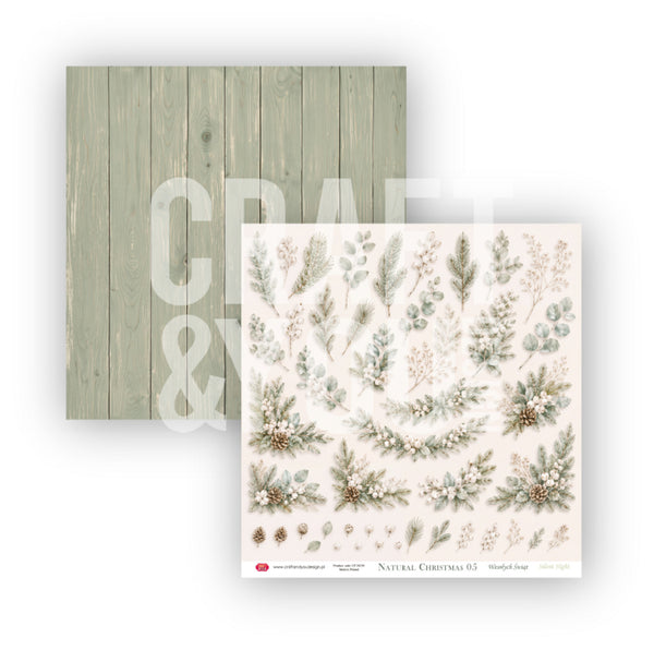 Two square craft paper sheets shown on a white background: one with a muted sage green wood plank pattern and one with a cream background and delicate botanical holiday garland illustrations. Large translucent 'CRAFT' text overlays the left sheet.