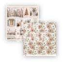 Two sheets of Christmas-themed scrapbooking paper from Nelly's Christmas Shop. One sheet features a vintage-style collage of holiday cottages, trees, and festive doors in muted beige and brown tones.