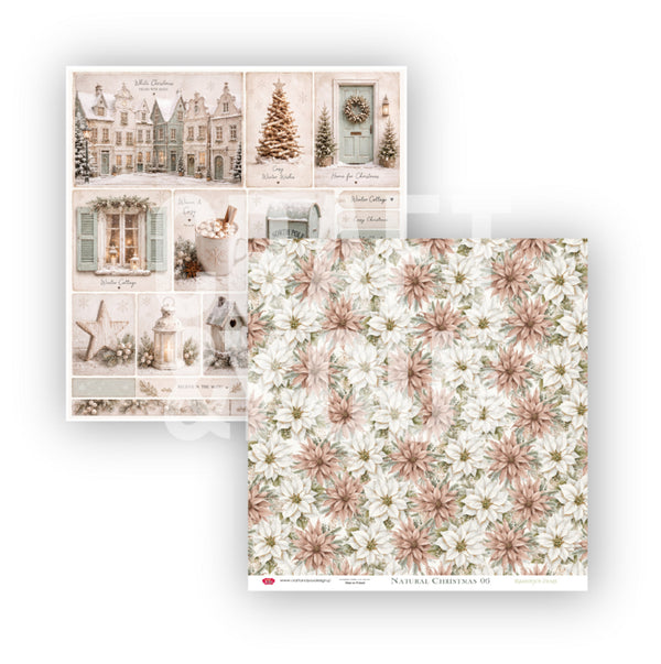 Two sheets of Christmas-themed scrapbooking paper from Nelly's Christmas Shop. One sheet features a vintage-style collage of holiday cottages, trees, and festive doors in muted beige and brown tones.