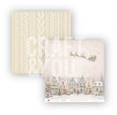 Two square craft paper sheets from Natural Christmas 52 by Crafty You. One sheet features a cream cable-knit pattern, and the other features a vintage winter village scene with Santa Claus in his sleigh above snow-covered houses.