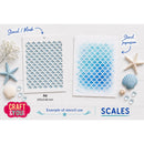 A6 size mermaid scale stencil and its corresponding watercolor stamp impression, displayed on a white wood background with decorative seashells and starfish. The brand 'Craft & You' is visible in a pink logo at the bottom left.