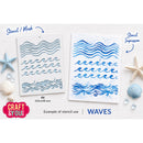 Two white stencil sheets with blue ocean wave cutout designs, shown on a white wood background with starfish, shells, and pearls. Text labels indicate stencil/mask and stencil impression, with the brand name Craft & You in a red badge.