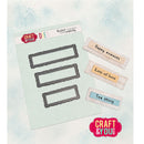 Craft & You Dies scrapbooking paper set featuring three rectangular lace-edged dies and three sample paper labels reading 'Happy moments', 'Lots of love', and 'Sea story' on a light blue watercolor background.