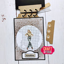 Handmade card with a vintage-style illustration of a woman and text 'sunshine' on a white wooden background, with 'Craft & You' branding.