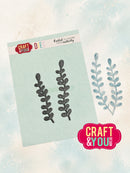 Craft & You Designs die-cut paper set featuring two leafy vine designs, with one shown as a dark gray metal die on a mint card and the other as a blue-gray watercolor sample, on a textured light blue background.