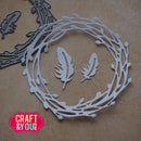 Metal die cutters with feather and wreath designs on a brown background, featuring 'Craft & You' logo.