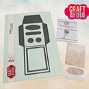 Crafting dies set shown on a light blue backing card with included stamped shapes and embellishment pieces on a textured cream background. A pink 'Craft & You' logo appears in the top right corner.