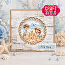 A handmade greeting card with a nautical 'Sea story' theme, featuring a central illustration of children building a sandcastle, surrounded by a rope border on a distressed white wood background. The card is styled with seashells, a starfish, and pearls on a light wooden surface, with a 'CRAFT & YOU' badge in the top right corner.