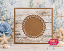 Decorative card with rope design on a wooden background with flowers and shells.