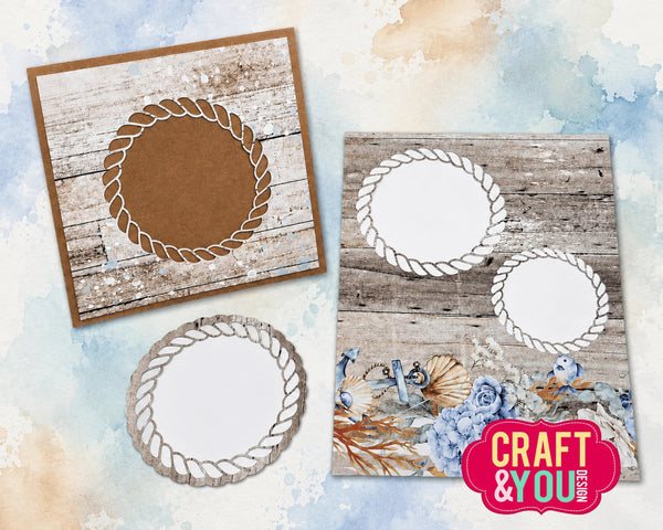 Three square cardstock templates with rope-style circular cutouts are displayed on a watercolor-style background. The left template has a brown wood-look center, the right template has a floral and bird print with blue flowers and beige birds, and a separate matching rope circle cutout is shown below.