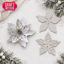 A flat-lay of two white polymer clay dies shaped like snowflakes, shown next to a white polymer clay snowflake cutout on a textured white background with holiday pine branches and a 'Craft & You' logo.