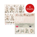 A craft paper sheet set labeled 'Natural Christmas' with illustrated vintage houses, wreaths, trees, and holiday decorations. A red circular badge says '6 Sheets'.