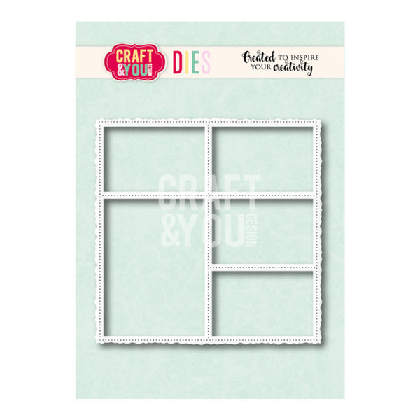 Craft & Your Name Dies product packaging featuring a white scalloped die set with six rectangular and square cutout sections on a pale mint green background.
