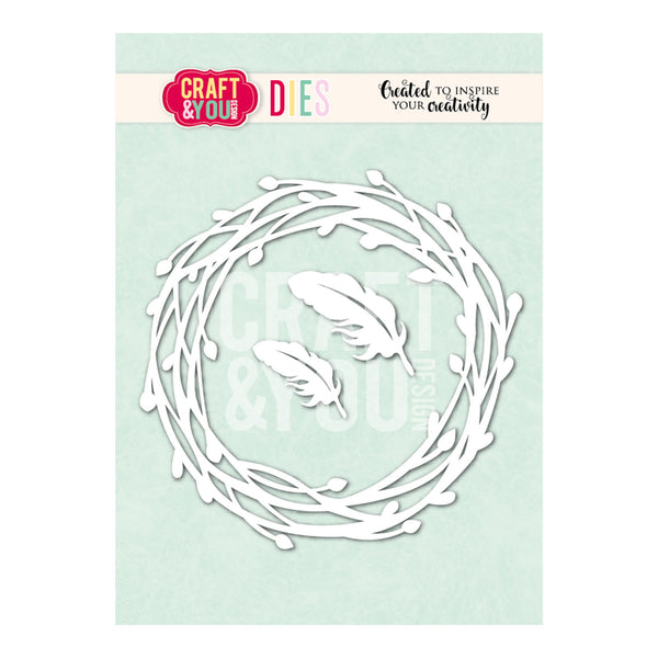 Craft & You Die with wreath and feather design on a light green background