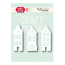 Three white die-cut architectural house shapes displayed on a mint green Craft & You Dies card with the brand logo at the top.
