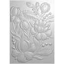 A gray 3D-rendered relief panel featuring a floral design with large blossoms, buds, leaves, and small berry clusters on a light gray background.