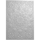 A rectangular silver decorative panel featuring an intricate embossed floral and geometric mandala pattern, shown against a plain white background.