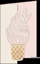 A die-cut paper ice cream cone illustration with layered swirls of pink and white swirls, speckled details, and a waffle cone base, shown against a pale pink and cream background.