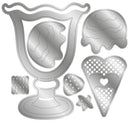 A set of metallic silver cookie cutters or stamp designs arranged on a plain white background, including a large ice cream glass, a scoop, a cone with heart detail, a strawberry shape, and a small starfish-like piece.