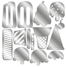 A set of metallic silver die-cut stickers or decals featuring various ice cream and dessert illustrations, including soft serve, cones, melting ice cream, and a cherry, arranged on a plain white background.