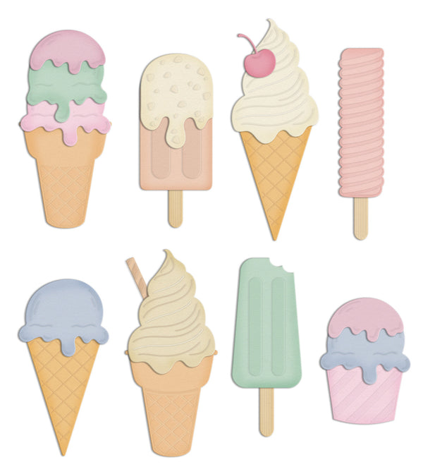 A set of eight cute, retro-style vector illustrations of various ice cream and popsicle designs on a solid white background.