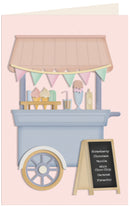 A pastel illustration of an ice cream cart on a light pink background, with bunting, ice cream cones and drinks, and a small chalkboard sign listing flavors.