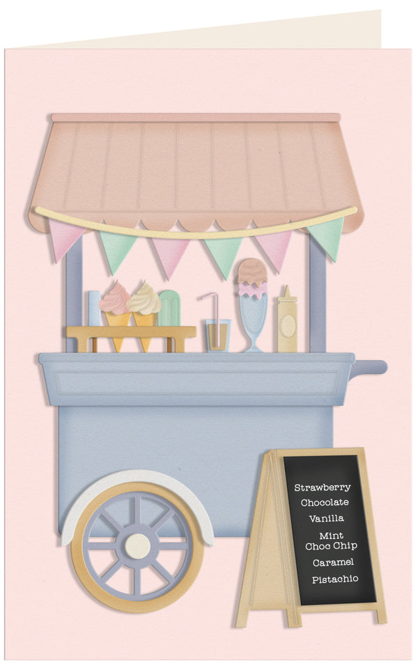 A pastel illustration of an ice cream cart on a light pink background, with bunting, ice cream cones and drinks, and a small chalkboard sign listing flavors.