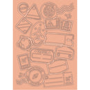 A sheet of travel-themed embossed stamps or decals on a peach background, featuring shapes like an airplane, globe, compass, postcard, envelope, and labels with the words TRAVEL and ADVENTURE.