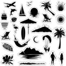 A sheet of tropical beach-themed die-cut stickers featuring black silhouette designs on a white background, including palm trees, a sailboat, airplane, surfboard, hammock, beach chair, umbrella, flamingo, island, sunset, moon, paraglider, mountains, and silhouettes of people.