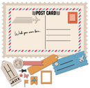 A travel-themed postcard design with a cream postcard body, red and blue striped border, airplane and airplane-track graphics, plus scattered matching travel icons and labels below on a white background.