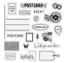 A sheet of clear stamp designs with black printed postcard, postage stamp, envelope, label, and travel-themed graphics on a white background.