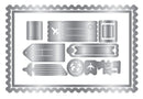 A set of silver metal stamp dies or cutters arranged on a white background, featuring travel-themed shapes like an airplane, globe, stars, and a wavy border.