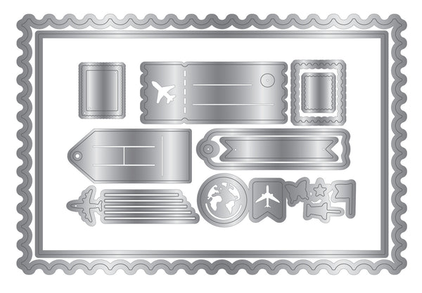 A set of silver metal stamp dies or cutters arranged on a white background, featuring travel-themed shapes like an airplane, globe, stars, and a wavy border.