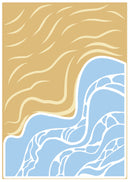An abstract art print featuring a warm tan and beige upper section with flowing wavy lines, meeting a light blue lower section with white organic patterns, framed by a thin beige border.