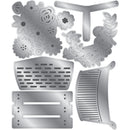 A set of metallic silver metal cutting dies or stencil templates featuring floral, leaf, and geometric perforated patterns, arranged on a plain white background.