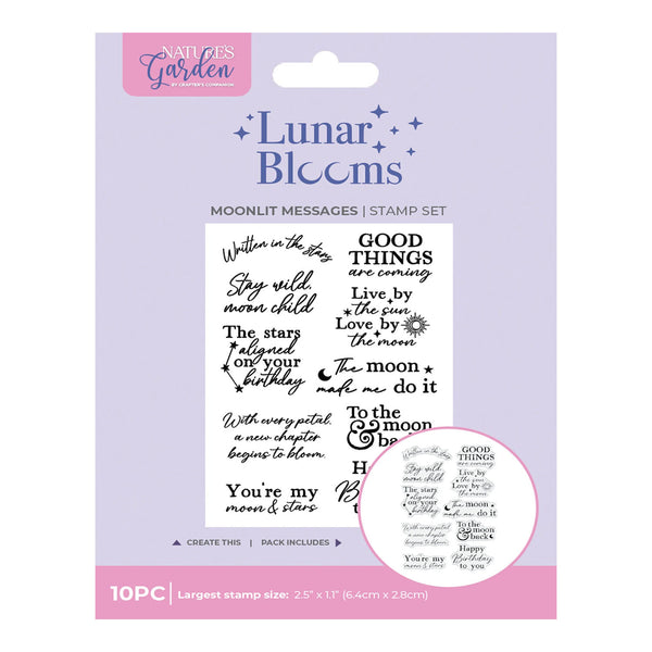 Natures Garden Lunar Blooms stamp set packaging with text and branding.