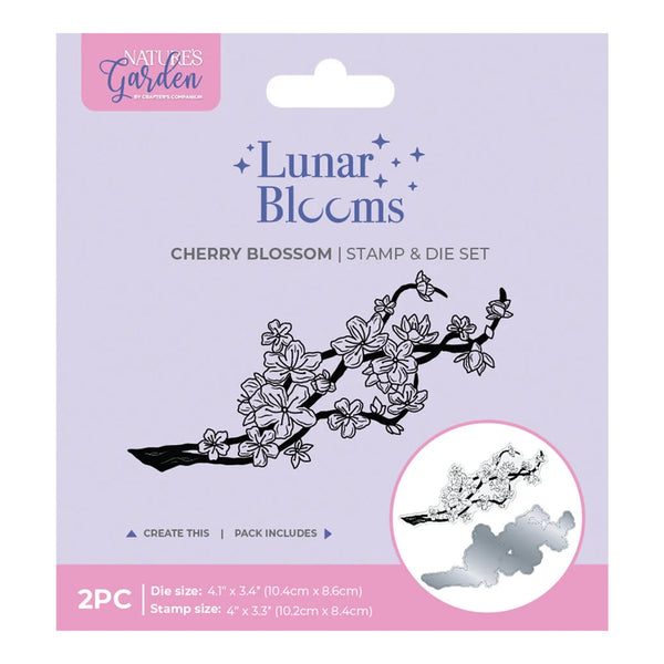 Packaging of 'Lunar Blooms' cherry blossom stamp and die set with a branch illustration on a light purple background.