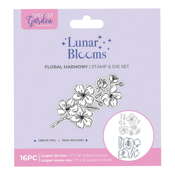 Floral stamp and die set packaging with 'Natures Garden' branding on a light purple background.